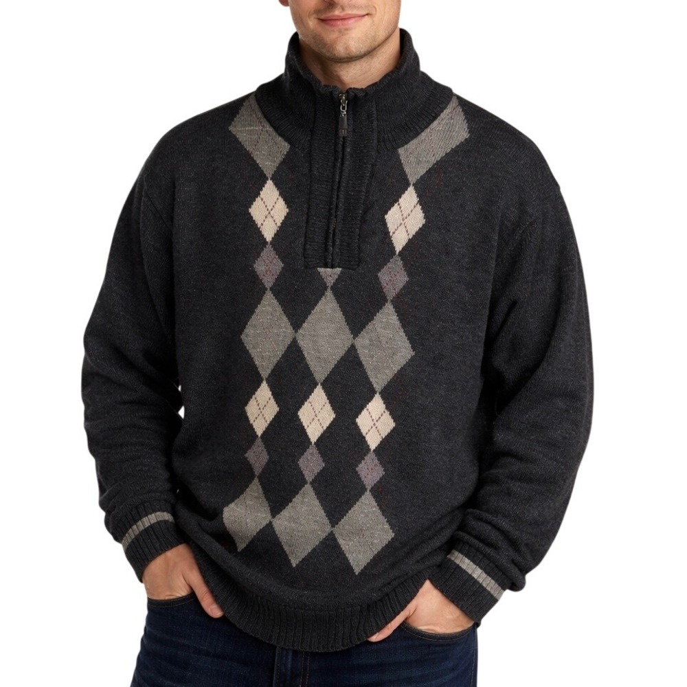 Vintage Sweater Pronti Argyle Gray High Neck 1/4 Zip Men's 3X